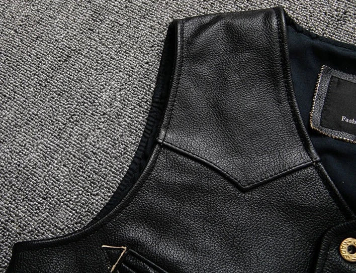 Gilet biker en cuir marron véritable marron homme