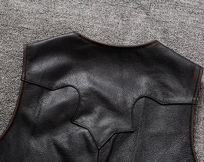 Gilet biker en cuir marron véritable marron homme